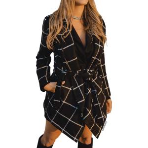 imageCHICWISH Women Turn Down Shawl Collar Open Front Black Grid Asymmetric Hemline Wool Blend Coat Size XXXL