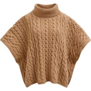 imageCHICWISH Women Turtleneck Cable Knit Cape Sweater Chunky Fall Casual Pullover Top Elbow Sleeves Sweater Vest CamelCamel