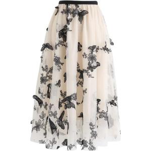 imageCHICWISH Womens 3D Butterfly DoubleLayered Mesh Midi SkirtCream
