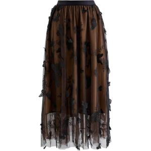 imageCHICWISH Womens 3D Butterfly DoubleLayered Mesh Midi SkirtTan3d Butterfly