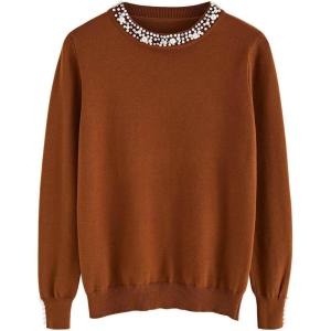 imageCHICWISH Womens CaramelBlackNavyDusty BlueCreamWhite Pearl Trimmed Soft Knit TopCaramel