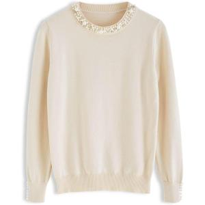 imageCHICWISH Womens CaramelBlackNavyDusty BlueCreamWhite Pearl Trimmed Soft Knit TopCream