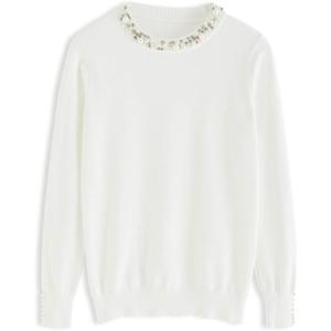 imageCHICWISH Womens CaramelBlackNavyDusty BlueCreamWhite Pearl Trimmed Soft Knit TopWhite