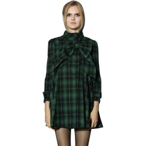 imageCHICWISH Womens Comfy Casual Warm Big Bow GreenRed Tartan Check Dolly Dress CoatGreen