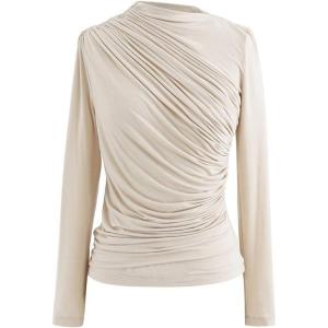 imageCHICWISH Womens Mock Neck Ruched Long Sleeves Knit TopMock Neckcream