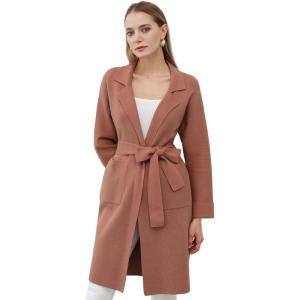 imageCHICWISH Womens Open Front Cardigan Long Sleeve Notch Lapel Belted Longline Coatigan Ribbed Knit Coat With PocketsRust
