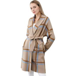imageCHICWISH Womens Open Front Drape Long Cardigan Collared Grid Pattern Tie Waist Knit Long Sleeve Coat with PocketsTan