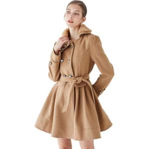 imageCHICWISH Womens TanBlack Faux Fur Collar DoubleBreasted Storm Flap Skater CoatTan