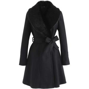 imageCHICWISH Womens TaupeNude PinkBlack Faux Fur Wide Lapel Turn Down Shawl Collar Belted Flare Wool Blend CoatBlack