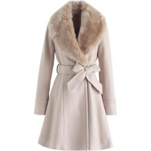imageCHICWISH Womens TaupeNude PinkBlack Faux Fur Wide Lapel Turn Down Shawl Collar Belted Flare Wool Blend CoatNude Pink