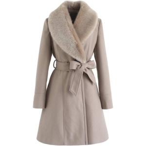 imageCHICWISH Womens TaupeNude PinkBlack Faux Fur Wide Lapel Turn Down Shawl Collar Belted Flare Wool Blend CoatTaupe