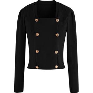 imageCHICWISH Womens WhiteBlackLight PinkRed HeartShape Buttons Square Neck Knit TopBlack