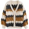 imageCHICWISH Womens CreamSmoke Color Blocked Puff Sleeves VNeck HandKnit Chunky CardiganSmoke