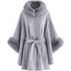 imageCHICWISH Womens OatmealGreyBlackPink SelfTie Bowknot Faux Fur PonchoGrey