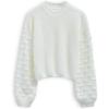 imageCHICWISH Womens WhiteBlackPumpkin Dotted Round Neck Puff Sleeve Long Sleeve Crop Fuzzy Knit Oversized Sweater PulloverWhite