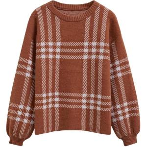 imageCHICWISH 2023 Fall Winter Womens Caramel Classic Plaid Round Neck Oversized Sweaters Long Sleeve Casual Knit Pullover TopsCaramel