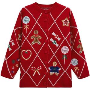 imageCHICWISH Women Christmas Knit Cardigan Gingerbread Oversized Sweater Crewneck Long Sleeves Open Front Button Knit CoatRed