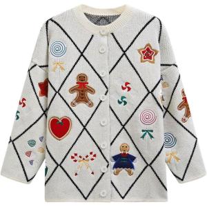 imageCHICWISH Women Christmas Knit Cardigan Gingerbread Oversized Sweater Crewneck Long Sleeves Open Front Button Knit CoatWhite