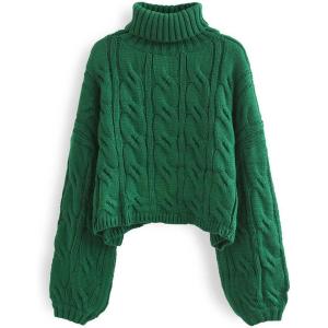 imageCHICWISH Women Turtleneck Christmas Sweater Cable Crop Long Sleeve Pullover Sweaters Fall Winter Casual Chunky Knit TopsGreen