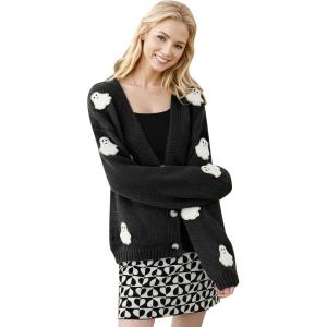 imageCHICWISH Womens Black Purple Halloween Ghost Patch Open Front Cardigan Sweaters V Neck Casual Button Down Knit CoatsBlack Ghost