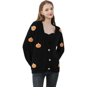 imageCHICWISH Womens Black Purple Halloween Ghost Patch Open Front Cardigan Sweaters V Neck Casual Button Down Knit CoatsBlack Pumpkin