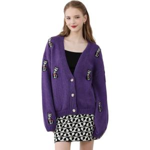 imageCHICWISH Womens Black Purple Halloween Ghost Patch Open Front Cardigan Sweaters V Neck Casual Button Down Knit CoatsPurple
