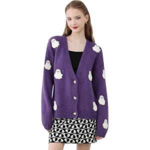 imageCHICWISH Womens Black Purple Halloween Ghost Patch Open Front Cardigan Sweaters V Neck Casual Button Down Knit CoatsPurple Ghost
