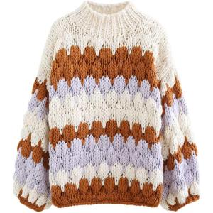 imageCHICWISH Womens CreamSmoke Color Blocked Puff Sleeves VNeck HandKnit Chunky CardiganCreamhigh Neck Sweater