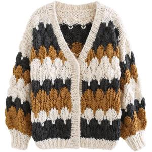 imageCHICWISH Womens CreamSmoke Color Blocked Puff Sleeves VNeck HandKnit Chunky CardiganSmoke