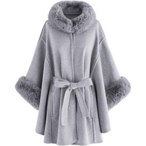 imageCHICWISH Womens OatmealGreyBlackPink SelfTie Bowknot Faux Fur PonchoGrey
