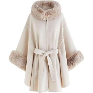 imageCHICWISH Womens OatmealGreyBlackPink SelfTie Bowknot Faux Fur PonchoOatmeal