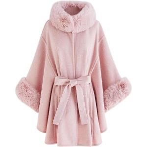 imageCHICWISH Womens OatmealGreyBlackPink SelfTie Bowknot Faux Fur PonchoPink