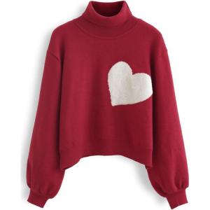 imageCHICWISH Womens Red Embroidered Heart High Neck Knit SweaterRed