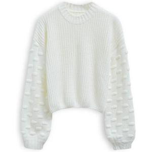 imageCHICWISH Womens WhiteBlackPumpkin Dotted Round Neck Puff Sleeve Long Sleeve Crop Fuzzy Knit Oversized Sweater PulloverWhite