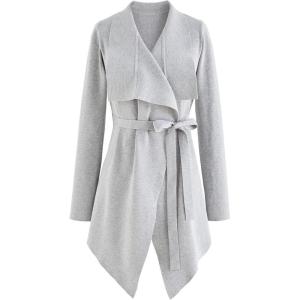 imageCHICWISH Womens Wide Lapel Tie Waist Knit Cardigan Coatigan Light JacketGreywide Lapel