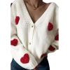 imageCHICWISH Women 3D Heart Open Front Cardigan Sweaters VNeck Casual ButtonUp Long Sleeve Cropped Knit CardiganWhite