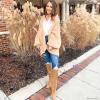 imageCHICWISH Women Fuzzy Open Front Waffle Knit Cardigan Long Lantern Sleeve Oversize Classy Cozy Cardigan Sweater TanPinkBlueTan