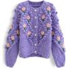 imageCHICWISH Womens PurpleCream Stitch Floral Diamond PomPom Hand Knit CardiganPurple
