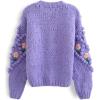 imageCHICWISH Womens PurpleCream Stitch Floral Diamond PomPom Hand Knit CardiganPurple