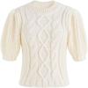 imageCHICWISH Womens MagentaTanWhite Bubble Sleeve Braided Ribbed SweaterWhite
