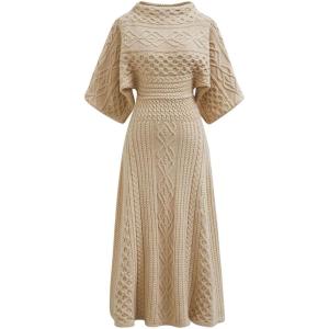 imageCHICWISH Women Cable Knit Sweater Dress Boat Neck High Waisted Knit Dresses Elbow Sleeves Solid Fall Trendy Casual Long DressApricot
