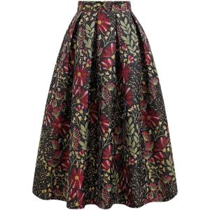imageCHICWISH Women Daisy Field Pleated Midi Skirt Printed ALine Casual High Waist Swing Flared Vintage Skirts with PocketsBlack