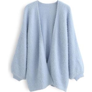 imageCHICWISH Women Fuzzy Open Front Waffle Knit Cardigan Long Lantern Sleeve Oversize Classy Cozy Cardigan Sweater TanPinkBlueBlue