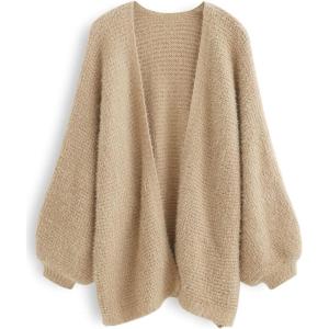 imageCHICWISH Women Fuzzy Open Front Waffle Knit Cardigan Long Lantern Sleeve Oversize Classy Cozy Cardigan Sweater TanPinkBlueTan