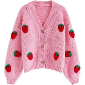 imageCHICWISH Womens Candy PinkCream Stitch Strawberry Button Up Hand Knit CardiganCandy Pink