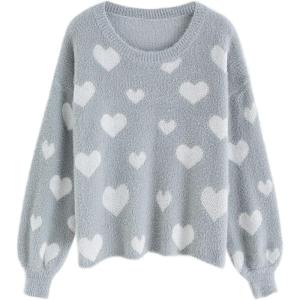imageCHICWISH Womens Comfy Casual Fuzzy Contrast Heart Knit Sweater Pullover SweatershirtGrey