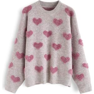 imageCHICWISH Womens Comfy Casual Pink Fuzzy Hearts Knit Sweater Pullover SweatershirtPink