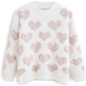 imageCHICWISH Womens Comfy Casual Pink Fuzzy Hearts Knit Sweater Pullover SweatershirtWhitepink Fuzzy Hearts