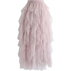 imageCHICWISH Womens CreamPinkDusty BlueBlack Tiered Layered Mesh Ballet Prom Party Tulle Tutu Aline Midi SkirtPink