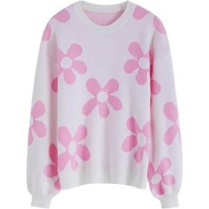 imageCHICWISH Womens Hot PinkNude PinkLilacCream Cuteness Flowers Boxy Round Neck Long Sleeves Knit SweaterKnit SweaterNude Pink